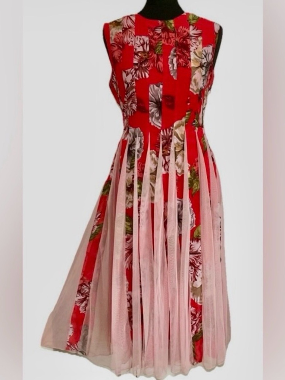 ASOS Red Floral Midi Dress with Pink Tulle Panels